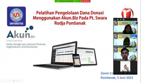 Kegiatan tersebut berupa pelatihan pengelolaan dana donasi menggunakan akun.biz kepada para pengurus PT Swara Rodja Pontianak secara daring lewat Zoom, Sabtu (5/6)