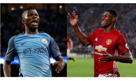 Kelechi Iheanacho (kiri) dan Marcus Rashford