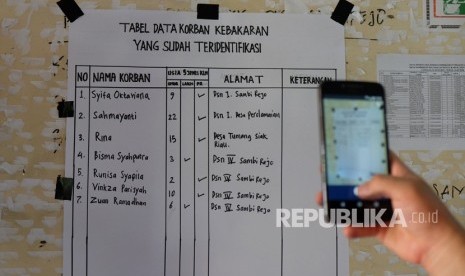 Keluarga korban kebakaran pabrik korek api gas (mancis) memotret tabel berisi data korban yang telah teridentifikasi, di posko Desa Sambirejo, Langkat, Sumatera Utara, Minggu (23/6/2019).