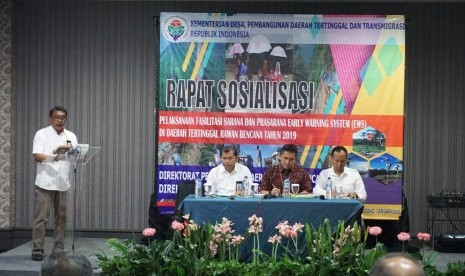 Kementerian Desa, Pembangunan Daerah Tertinggal dan Transmigrasi (Kemendes PDTT) menggelar sosialisasi pembangunan sistem peringatan dini bencana 2019, Senin (28/1). 