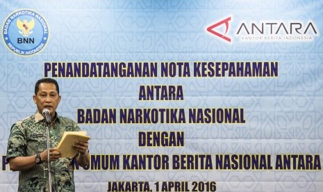 Kepala Badan Narkotika Nasional (BNN) Komjen Pol Budi Waseso memberikan kata sambutan seusai Penandatanganan Nota Kesepahaman BNN dengan LKBN Antara di Jakarta, Jumat (1/4).