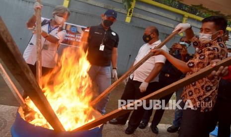 Kepala Badan Narkotika Nasional Provinsi (BNNP) Maluku Kombes Pol. Rohmad Nursahid (kanan) memusnahkan barang bukti ganja kering di Kota Ambon, Maluku, Rabu (4/8/2021). BNNP selama periode Januari-Juni 2021 berhasil mengungkap delapan kasus narkoba dan menangkap 14 tersangka, dengan barang bukti ganja seberat 3,26 kilogram, tembakau sintesis 21,4 gram dan 161,83 gram narkoba jenis sabu senilai hampir Rp1 miliar. 