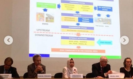 Kepala BMKG Dwikorita Karnawati (tengah) berbicara dalam forum internasional PBB, Second Multi-Hazard Early Warning Conference (MHEWC-II) di Jenewa, Swiss, yang berlangsung 13-14 Mei.