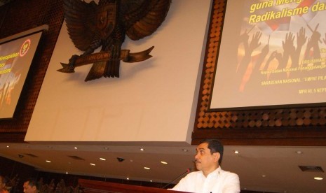 Kepala BNPT, Suhardi Alius, saat menjadi pembicara dalam acara Sarasehan Nasional Empat Pilar MPR RI dan Kesadaran Bela Negara yang digelar di Gedung Nusantara V, MPR RI, Senayan, Jakarta, Senin (5/9).   