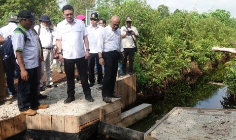 Kepala BRG Nazir Foead meninjau sekat kanal di Kecamatan Tebing Tinggi Timur, Kabupaten Kepulauan Meranti, Riau, Kamis (15/3).