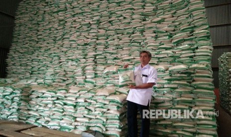 Kepala Perum Bulog Subdivre Cianjur Rizaldi tengah melihat kualitas beras di Gudang Bulog Pasir Halang Kecamatan Sukaraja, Kabupaten Sukabumi Rabu (15/3).