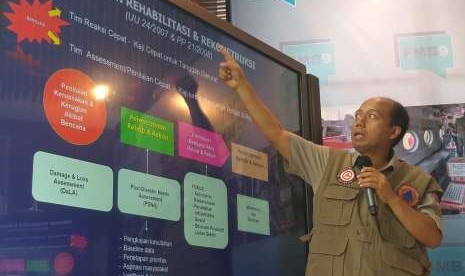 Kepala Pusat Data Informasi dan Humas Badan Nasional Penanggulangan Bencana (BNPB) Sutopo Purwo Nugroho dalam konferensi pers di Graha BNPB, Kamis (11/10).