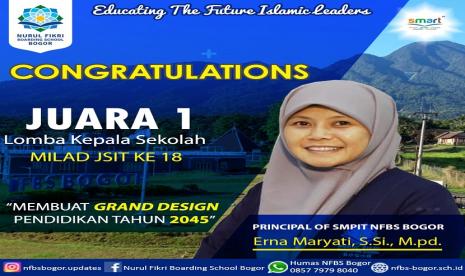 Kepala Sekolah SMP Islam Terpadu Nurul Fikri Bogor Erna Maryati berhasil menyabet juara I lomba kepala sekolah yang diselenggarakan Jaringan sekolah terpadu Indonesia (JSIT). 