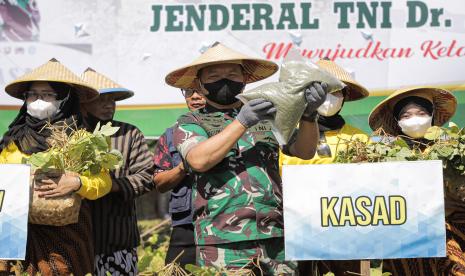 Kepala Staf Angkatan Darat (KSAD) Jenderal TNI Dudung Abdurachman (tengah) bersama Bupati Gresik Fandi Akhmad Yani (kedua kanan) menunjukan hasil panen kacang hijau di Desa Tulung, Gresik, Jawa Timur, Kamis (1/9/2022). Kunjungan kerja tersebut untuk pelaksanaan panen kacang hijau dan penanaman jagung sebagai wujud program ketahanan pangan TNI AD dengan memanfaatkan lahan tidur menjadi lahan produktif.