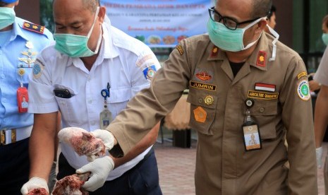 Kepala Stasiun Karantina Pertanian Ambon Jumrin (kanan) menunjukkan sampel daging anjing beku ilegal saat pemusnahan di kantor Stasiun Karantina Pertanian Ambon, Maluku, Senin (2/7).