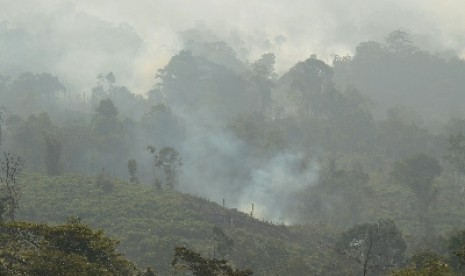 Kepulan asap akibat pembakaran lahan di kaki Gunung Nilo, Jambi, Selasa (20/10).