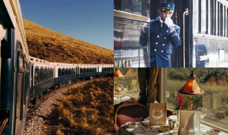 Kereta Belmond Andean Explorer (kiri), kereta Venice Simplon-Orient-Express (kanan atas), dan kereta Eastern & Oriental Express (kanan bawah). 