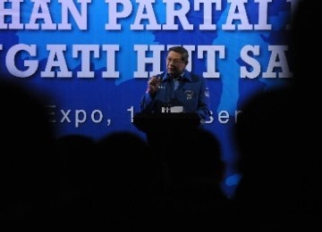 Ketua Dewan Pembina Partai Demokrat, Susilo Bambang Yudhoyono, menyampaikan pidato politiknya dalam acara Sarasehan Partai Demokrat di Jakarta, Kamis (15/12) malam.