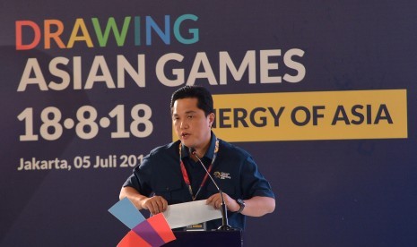 Ketua Inasgoc Erick Thohir memberikan sambutan ketika pengundian cabang olah raga Asian Games 2018 di Jakarta, Kamis (5/7).