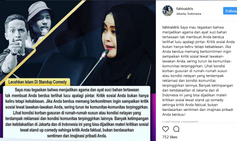 Ketua Komite III DPD RI, Fahira Idris mengkritik Ge Pamungkas dan Joshua yang menjadikan agama sebagai bahan lawakan di akun Instagram pribadinya, Jumat (12/1).