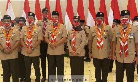 Ketua Kwartir Daerah Gerakan Pramuka Kepulauan Bangka Belitung (Kakwarda Babel), Melati Erzaldi mengikuti Upacara Peringatan Hari Pramuka ke-60, Tahun 2021 di Gedung Pandansari, Taman Rekreasi Wiladatika (TRW) Cibubur, Jakarta Timur, Sabtu (14/8).