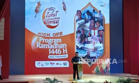 Ketua Lazismu Pusat, Ahmad Imam Mujadid Rais saat sambutan dalam acara Kick Off Program Ramadhan 1446 H di Perpusnas, Gambir, Jakarta Pusat, Kamis (13/2/2025).