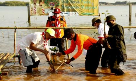 Ketua Majelis Pembimbing Daerah (Mabida) Gerakan Pramuka Kwarda. Provinsi Jawa Tengah, Ganjar Pranowo (topi kuning) melakukan penanaman bibit mangrove, di pantai Mangunharjo, Kota Semarang, Jumat (5/8). Kwarda Provinsi Jawa Tengah menginisiasi penanman 3.500 bibit mangrove guna mendukung rehabilitasi lingkungan pantai ini.