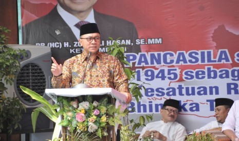 Ketua MPR RI, Zulkifli Hasa, menyampaikan pidato kebangsaan dalam pelantikan Pengurus Persatuan Tarbiyah Islamiyah (Tarbiyah Perti) Wilayah Nusa Tenggara Barat (NTB) di Ahmad Rusni Foundation, Jumat (11/8).