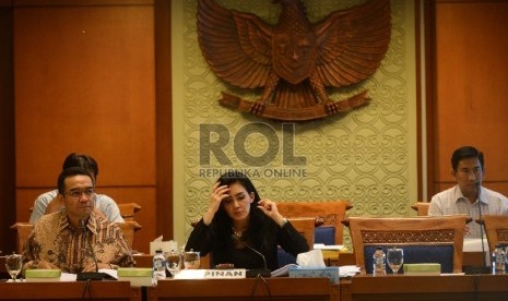  Ketua Pansus Pelindo, Rieke Diah Pitaloka (tengah) memimpin rapat kerja dengan Pansus hak angket Pelindo II di Kompleks Parlemen, Senayan, Jakarta, Kamis (29/10). (Republika/Raisan Al Farisi)