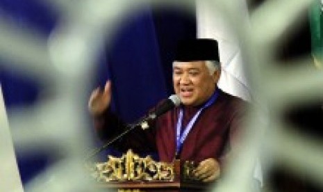 Ketua Pimpinan Pusat Muhammadiyah Din Syamsudin memberikan sambutan saat membuka Sidang Tanwir Muhammadiyah di kampus Universitas Muhammadiyah (Unismuh) Makassar, Sulawesi Selatan, Sabtu (1/8)