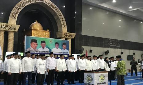 Ketua PP DMI, Jusuf Kalla melantik pengurus wilayah DMI Maluku, di Masjid Raya Al-Fatah Ambon, Senin (6/11/2023). 