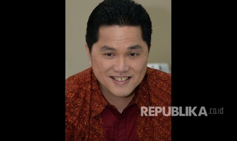 Ketua Tim Kampanye Nasional (TKN) Joko Widodo-Ma'ruf Amin, Erick Thohir memberikan paparan saat berkunjung ke kantor Republika, Jakarta, Rabu (30/1).