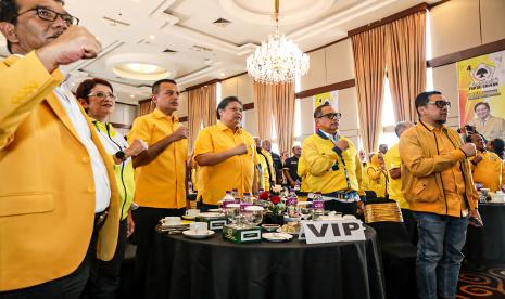 Ketua Umum DPP Partai Golkar Airlangga Hartarto saat Konsolidasi DPD Golkar Kabupaten dan Kota se-Sumatra Utara, Kamis (22/6/2023). 