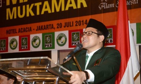 Ketua umum DPP PKB, Muhaimin Iskandar memberikan sambutannya saat rapat tertutup membahas materi muktamar PKB di Jakarta, Ahad (20/7)