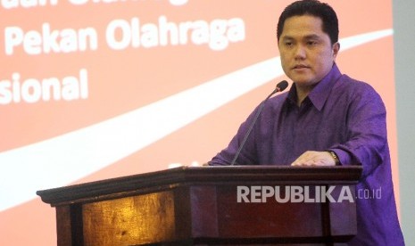 Ketua Umum Komite Olimpiade Indonesia (KOI) Erick Thohir menjadi pembicara dalam seminar Pembangunan Olahraga Nasional di Gedung Lembaga Ketahanan nasional RI (Lemhamnas), Jakarta, Rabu (22/2). 