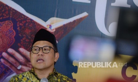 Ketua Umum Partai Kebangkitan Bangsa Muhaimin Iskandar memberikan keterangan kepada media terkait Nusantara Mengaji saat menggelar konferensi pers di Ciganjur, Jakarta Selatan, Jumat (6/5).