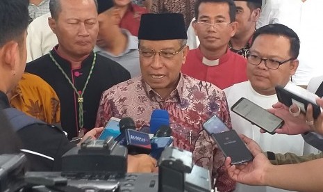 Ketua Umum PBNU, Prof KH Said Aqil Siroj usai Deklarasi Pemilu Damai di Kantor LPOI, Jakarta Pusat, Jumat (22/3).