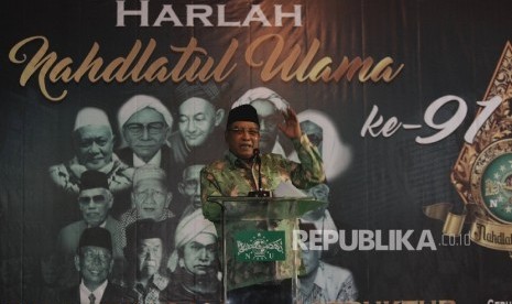 Ketua Umum PBNU Said Aqil Siradj menyampaikan pidatonya pada peringatan Hari Kelahiran ke-91 Nahdlatul Ulama (Harlah NU) Jakarta, Selasa (31/1). Peringatan kali ini mengangkat tema Budaya Sebagai Infrastruktur Penguatan Paham Keagamaan.