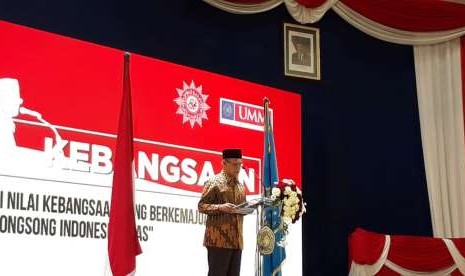 Ketua Umum Pimpinan Pusat Muhammadiyah, Haedar Nashir dalam Pidato Kebangsaan Muhammadiyah dalam rangka menyambut HUT RI ke-73 di Universitas Muhammadiyah Malang (UMM), Ahad (12/8)