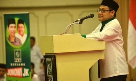 Ketua Umum PKB, Muhaimin Iskandar memberikan paparannya dalam Silaturahmi Nasional Alim Ulama Partai Kebangkitan Bangsa (PKB) di Jakarta, Selasa (3/6).