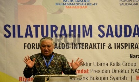 Ketua Umum PP Muhammadiyah Din Syamsuddin memberikan sambutan dalam acara silahturhami saudagar Muhammadiyah di Wisma Kalla, Makasar, Sulsel, Selasa (4/8).