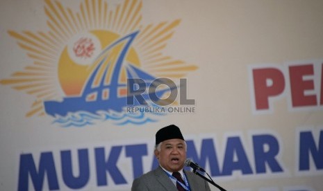 Ketua Umum PP Muhammadiyah Din Syamsuddin menberikan sambutan ketika pembukaan Muktamar Muhammadiyah ke-47 di Lapangan Karebosi, Makasar,Sulsel, Senin (3/8). 