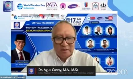  Ketua Yayasan WTD Indonesia sekaligus Executive Director PATA Indonesia Chapter, Dr Agus Canny membuka virtual talkshow yang mengangkat tema 