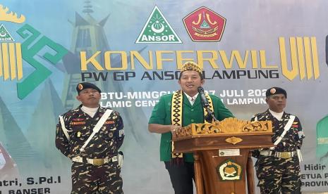 Ketum Ansor Addin Jauharudin di Konferensi Wilayah (Konferwil) VIII Pimpinan Wilayah GP Ansor Lampung di Asrama Haji Bandar Lampung, Ahad (7/7/2024).