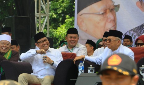 Ketum PKB A Muhaimin Iskandar bersama KH Ma'ruf Amin meramaikan hari lahir Pancasila di Bandung Jawa Barat.