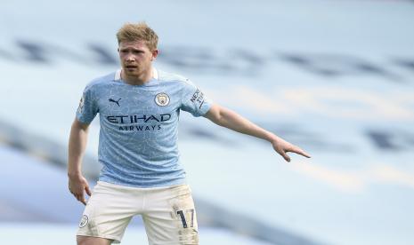  Kevin De Bruyne dari Manchester City bereaksi selama pertandingan sepak bola Liga Premier Inggris antara Manchester City dan West Ham United di stadion Etihad di Manchester, Inggris, Sabtu, 27 Februari 2021. 