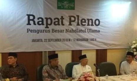 KH Ma'ruf Amin, beserta ketua umum PBNU KH Said Aqil Siradj, Sekjen PBNU, dan KH Yahya Cholil Staquf di acara Rapat Pleno PBNU, di kantor pusat PBNU, Jakarta Pusat, Sabtu 22 September 2018