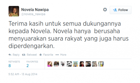 Kicauan akun mengatasnamakan Novela Nawipa di Twitter.