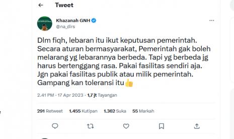 Kicauan Gus Nadir terkait beda lebaran dan shalat Id. 