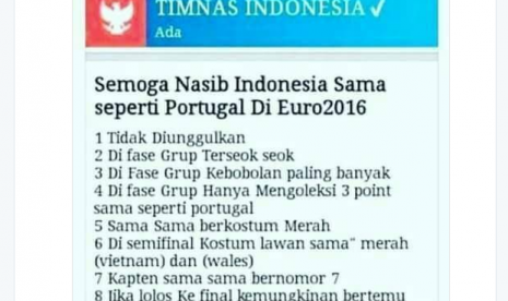 Kiprah Timnas Indonesia disamakan dengan Portugal di Euro 2016 oleh netizen di Twitter, Rabu (7/12).