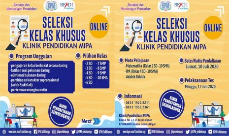  Klinik Pendidikan MIPA (KPM) kembali akan mengadakan seleksi perdana secara daring dalam rangka menjaring siswa berbakat untuk dibinaOlimpiade Matematika & IPA, Ahad (12/7).