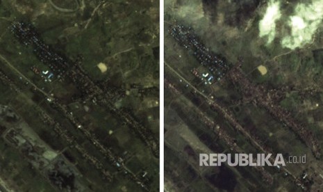 Combination of satellite imaging provided by Amnesty International / Planet Labs showing comparation of Rohingyas Muslims's houses burnt out at Inn Din village, northern Rakhine, Myanmar, on August 27 and September 11.