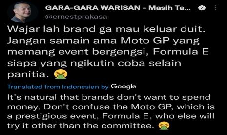 Komika Ernest Prakasa ejek penyelenggaraan Formula E di Sirkuit Ancol, Jakarta Utara, Sabtu (4/6/2022).