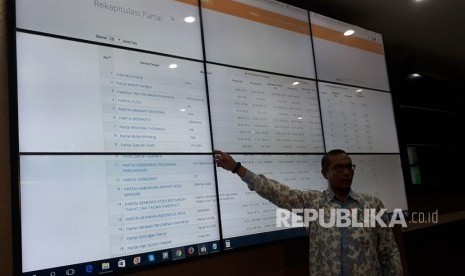 Komisioner KPU, Hasyim Asy'ari, menjelaskan status sipol dari 27 parpol yang telah mendaftar Pemilu 2019, di KPU, Rabu (18/10) sore. Berdasarkan rangkuman data sipol terakhir pada Rabu sore, sebanyak 13 parpol tidak diterima pendaftarannya oleh KPU. 