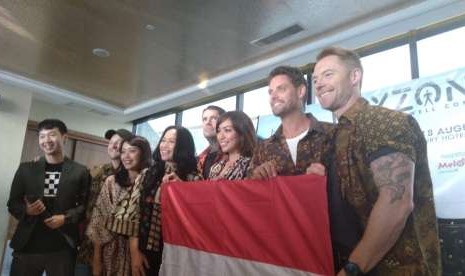 Konferensi pers Boyzone 25 Years Farewell Concert di The Trans Luxury Hotel Bandung, Kota Bandung, Sabtu (18/8). 